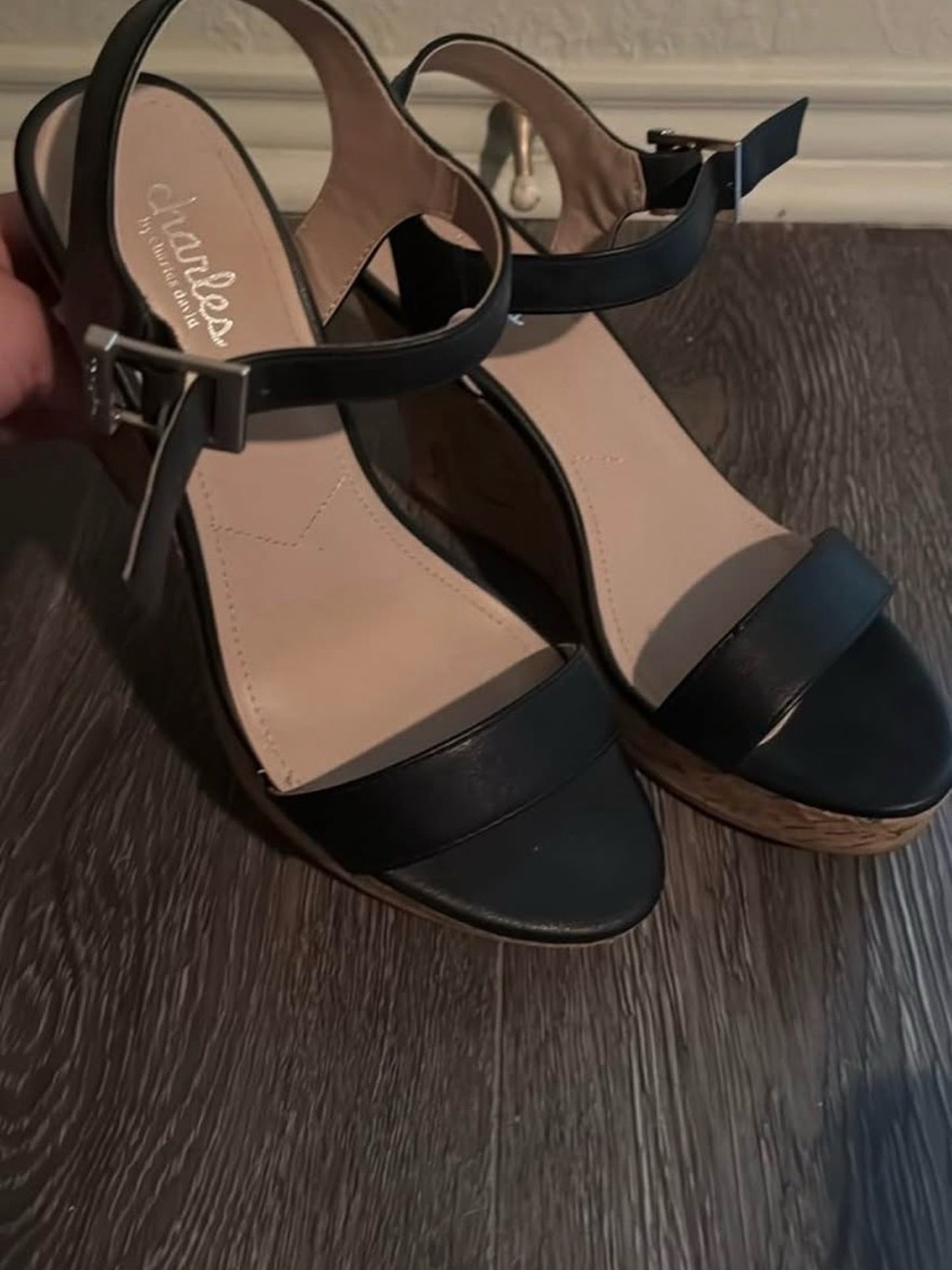 Charlies Black Leather Ankle-Strap Wedge Sandals